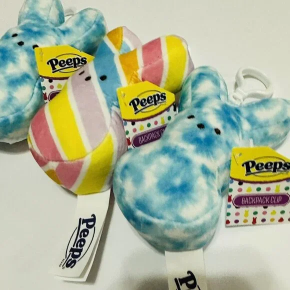 PEEPS Plush Easter Bunny 4" Backpack Bag Clip Stripes & Tiedye Keychain Lot Of 3 - Picture 4 of 5